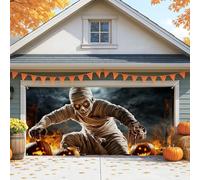 Copertura per porta del garage con mummia, decorazione spettrale di Halloween per grandi porte del garage, decorazioni per sfondo per feste all'aperto e al coperto, 390 x 180 cm