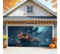 Copertura per porta del garage con nave pirata mistica, grande decorazione blu scuro per Halloween, sfondo per feste autunnali all'aperto, 400 x 180 cm