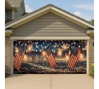 Copertura per porta del garage con notte stellata patriottica, paesaggio urbano vintage con luci a stringa, grandi decorazioni per garage, feste estive all'aperto e decorazioni per il 4 luglio, 390 x