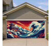 Copertura per porta del garage con onde oceaniche, grande design artistico giapponese per decorazioni esterne, paesaggio vivace di montagna e mare, bella decorazione per la casa estiva 400 x 180 cm