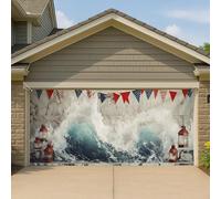 Copertura per porta del garage con onde oceaniche, lanterna rossa blu patriottica grande decorazioni per garage, decorazione per feste estive all'aperto, 390 x 180 cm