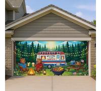 Copertura per porta del garage con orsi da campeggio, scena esterna colorata con braciere e camper, decorazione estiva per feste in giardino e riunioni di famiglia, 400 x 180 cm