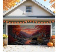 Copertura per porta del garage con orso rustico, grande paesaggio autunnale, decorazione per porte del garage, decorazione autunnale per esterni e interni per il Ringraziamento, 390 x 180 cm