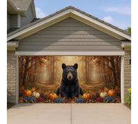 Copertura per porta del garage con orso, zucche naturali rustiche pigne autunnali marroni, copertura da parete per garage, decorazione per la casa, giardino, cortile, esterno, interno, sfondo per