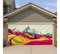 Copertura per porta del garage con paesaggio montano, design artistico colorato con collina e albero grandi decorazioni per porte del garage, decorazione per la casa all'aperto primaverile 390 x 180