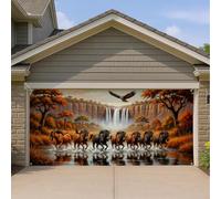 Copertura per porta del garage con paesaggio rustico, scena della fattoria marrone con cavalli e cascata, decorazione per la casa all'aperto per gli amanti dell'autunno e della natura, 400 x 180 cm