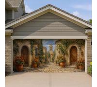 Copertura per porta del garage con paesaggio urbano mediterraneo rustico | Scena della villa mediterranea, decorazioni per porte del garage, percorso di ciottoli, fiori rossi in vaso
