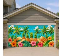 Copertura per porta del garage con paradiso tropicale, design colorato con ibisco e ananas, decorazione estiva per esterni per la casa, divertente decorazione per feste stagionali, 390 x 180 cm