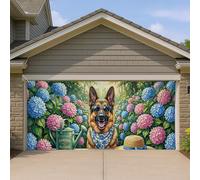 Copertura per porta del garage con pastore tedesco, design floreale con ortensia, vivace decorazione estiva per esterni, decorazione a tema giardino per la casa, 400 x 180 cm