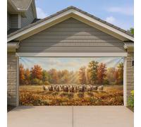 Copertura per porta del garage con pecore, alberi naturali rustici, erba, autunno, arancione, striscione per porta del garage, decorazione per la casa, per portico, patio, cortile, feste esterne, 400