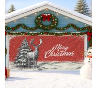 Copertura per porta del garage con renna natalizia, decorazione rustica rossa con testo Merry Christmas, decorazioni invernali per esterni per feste festive, 390 x 180 cm