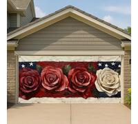 Copertura per porta del garage con rose patriottiche, motivo floreale rosso e bianco, grande striscione per garage, decorazione artistica per il giorno dell'indipendenza, decorazione per vacanze