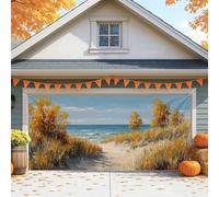 Copertura per porta del garage con scena autunnale sulla spiaggia, grandi decorazioni autunnali per esterni, decorazione per feste stagionali, 390 x 180 cm
