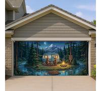 Copertura per porta del garage con scena di campeggio, design rustico con orso e foresta, decorazione per esterni per autunno e inverno, perfetta per riunioni di vacanza, 390 x 180 cm