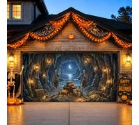 Copertura per porta del garage con scheletri e scheletri con scheletro dei | Tema del tesoro dei pirati, bandiera della porta del garage, sfondo mare illuminato dalla luna, decorazione stagionale per