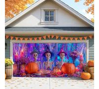 Copertura per porta del garage con scheletro di Halloween, decorazione colorata spettrale per grandi porte del garage, tema zucca e strega per la stagione autunnale e feste di Halloween, 400 x 180 cm