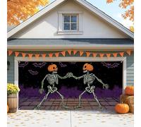 Copertura per porta del garage con scheletro di Halloween, teste di zucca spettrali grandi decorazioni per porte del garage, decorazione autunnale per interni ed esterni festa di Halloween sfondo