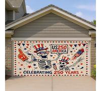 Copertura per porta del garage con scheletro patriottico, vintage America con stelle rosse e bianche, divertente decorazione per feste all'aperto per il giorno dell'indipendenza, 390 x 180 cm