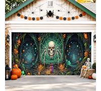 Copertura per porta del garage con scheletro, spettrale ragno e zucche da cartone animato, decorazione per la casa per cortile, esterno, interno, festa, sfondo, 400 x 180 cm