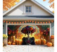 Copertura per porta del garage con scheletro vivace, decorazioni colorate del giorno dei morti, 2,1 x 2,4 m, decorazione per esterni per feste di Halloween, 300 x 180 cm