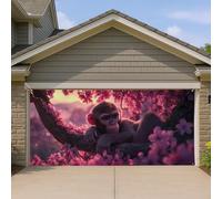 Copertura per porta del garage con scimmia in fiore di pesco, sfondo animale decorativo per esterni con tramonto morbido, decorazione per feste in giardino primaverile, 390 x 180 cm