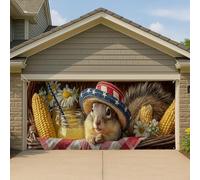 Copertura per porta del garage con scoiattolo patriottico, grande striscione estivo per picnic all'aperto, decorazione stagionale per cortile americano, 390 x 180 cm