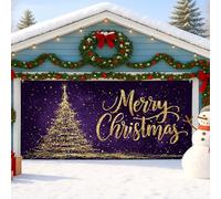 Copertura per porta del garage con scritta "Merry Christmas", decorazioni natalizie per albero di Natale viola glitterato, decorazione invernale per interni ed esterni, 390 x 180 cm