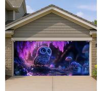 Copertura per porta del garage con simpatico gufo, tema foresta fantasy colorata, grandi decorazioni per porte del garage, decorazione per interni ed esterni, sfondo per feste stagionali, 390 x 180 cm