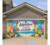 Copertura per porta del garage con spiaggia tropicale, vivaci tavole da surf e decorazioni floreali, decorazione per feste estive all'aperto, tema celebrazione della laurea, 390 x 180 cm