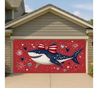 Copertura per porta del garage con squalo patriottico stravagante, decorazione oversize per feste del 4 luglio, striscione festivo per fuochi d'artificio per l'estate all'aperto, 390 x 180 cm