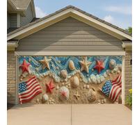 Copertura per porta del garage con stelle marine e spiaggia patriottica, grande striscione decorativo 3D per esterni, decorazione per la casa estiva, tema celebrazione della bandiera 400 x 180 cm
