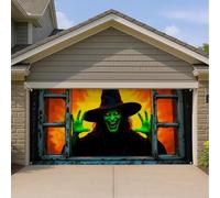 Copertura per porta del garage con strega di Halloween, decorazioni per la casa infestata verde e arancione, decorazione per feste di Halloween per interni e esterni, 400 x 180 cm