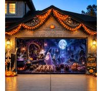 Copertura per porta del garage con strega e fantasma spettrale per cimitero | Scena spettrale del cimitero, sfondo della porta del garage, personaggi fantasiosi fantasma, sfondo notturno al chiaro di