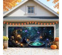 Copertura per porta del garage con strega mistica, grande foresta incantata scura, decorazioni per porte del garage, decorazione per interni ed esterni, per feste di Halloween, 390 x 180 cm