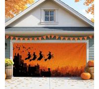 Copertura per porta del garage con streghe di Halloween, grande decorazione arancione spettrale per feste autunnali all'aperto, decorazione per sfondo casa infestata, 390 x 180 cm
