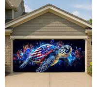 Copertura per porta del garage con tartaruga marina patriottica, blu vibrante libertà nautica grande decorazioni per garage, esposizione estiva per celebrazioni all'aperto 390 x 180 cm