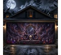 Copertura per porta del garage con teschio gotico e serpente per Halloween | Specchio gotico, sfondo porta garage, serpenti, bottiglie di pozioni, rose scure, atmosfera mistica, trasformazione casa