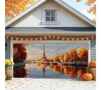 Copertura per porta del garage con torre di Parigi autunnale, grande decorazione decorativa per la stagione autunnale, decorazione per esterni e interni per il Ringraziamento, 390 x 180 cm