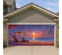 Copertura per porta del garage con tramonto costiero, sfondo decorativo per esterni con vivace paradiso sulla spiaggia, ideale per feste estive e decorazioni stagionali, 390 x 180 cm