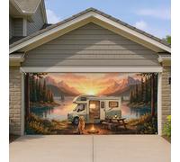 Copertura per porta del garage con tramonto in montagna, scena vintage per camper con cane e braciere, decorazione per esterni per avventure estive 390 x 180 cm