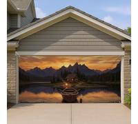 Copertura per porta del garage con tramonto sulle montagne, stile rustico, scena lago, grandi decorazioni per porte del garage, decorazione per la casa all'aperto per autunno e inverno, 400 x 180 cm