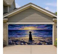 Copertura per porta del garage con tramonto sull'oceano, scena di labrador nero, grande decorazione per porte del garage, decorazione per la casa estiva per esterni e interni, 390 x 180 cm
