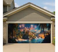 Copertura per porta del garage con tramonto tropicale, grande castello sulla spiaggia e fuochi d'artificio, decorazione per feste estive all'aperto, 390 x 180 cm