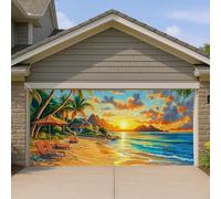 Copertura per porta del garage con tramonto tropicale, grande decorazione per porta del garage, decorazione estiva per esterni, vivace decorazione estiva per esterni, arte colorata con sole e mare