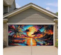 Copertura per porta del garage con tramonto tropicale, grande scena notturna sulla spiaggia, palme, decorazioni per porte del garage, vivace sfondo per feste estive all'aperto, 390 x 180 cm