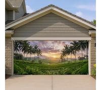 Copertura per porta del garage con tramonto tropicale, lussureggiante campo di riso, palme, grandi decorazioni per porte del garage, decorazione estiva per la casa all'aperto 390 x 180 cm