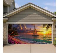 Copertura per porta del garage con tramonto tropicale, scena colorata con palme e barca a vela, decorazione estiva per la casa all'aperto, tema floreale per l'estetica delle vacanze, 400 x 180 cm