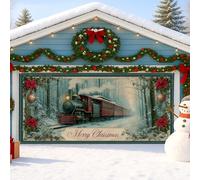Copertura per porta del garage con treno natalizio vintage, grande decorazione per le vacanze invernali per interni ed esterni, decorazione per feste di buon Natale, 390 x 180 cm