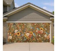 Copertura per porta del garage con uccelli, girasoli naturali rustici con rose autunnali marroni per garage, decorazione per la casa, per cortile, giardino, esterno, feste interne, 400 x 180 cm