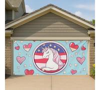 Copertura per porta del garage con unicorno fantasia, decorazione per feste in piscina, illustrazione stravagante, sfondo estivo per feste all'aperto, design a cuore carino, 390 x 180 cm